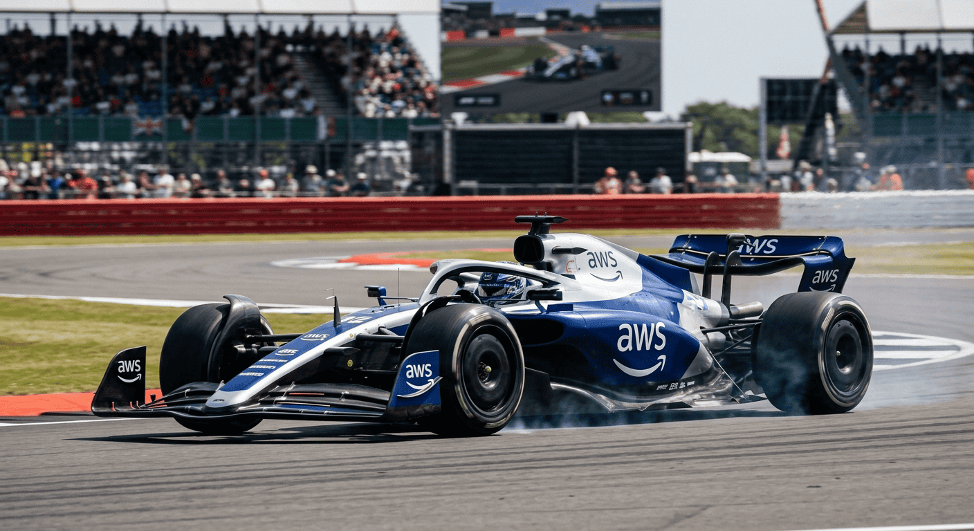 A Formula 1 car cornering at speed on a racetrack, motion-blurred against the barriers